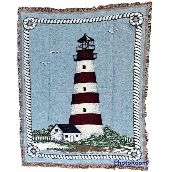 Riverdale 52x68” Throw Blanket Tapestry Lighthouse Nautical Ocean Cotton USA Sea - Picture 1 of 4